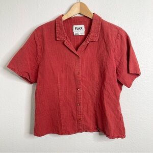 Flax Linen Blend Rust Short Sleeve Top Button Down Size Medium